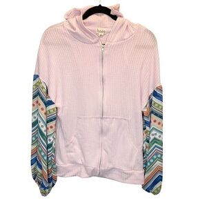 Baea Thermal Hoodie Zip Up in Pink Suede with Chevron Chiffon Sleeves XS